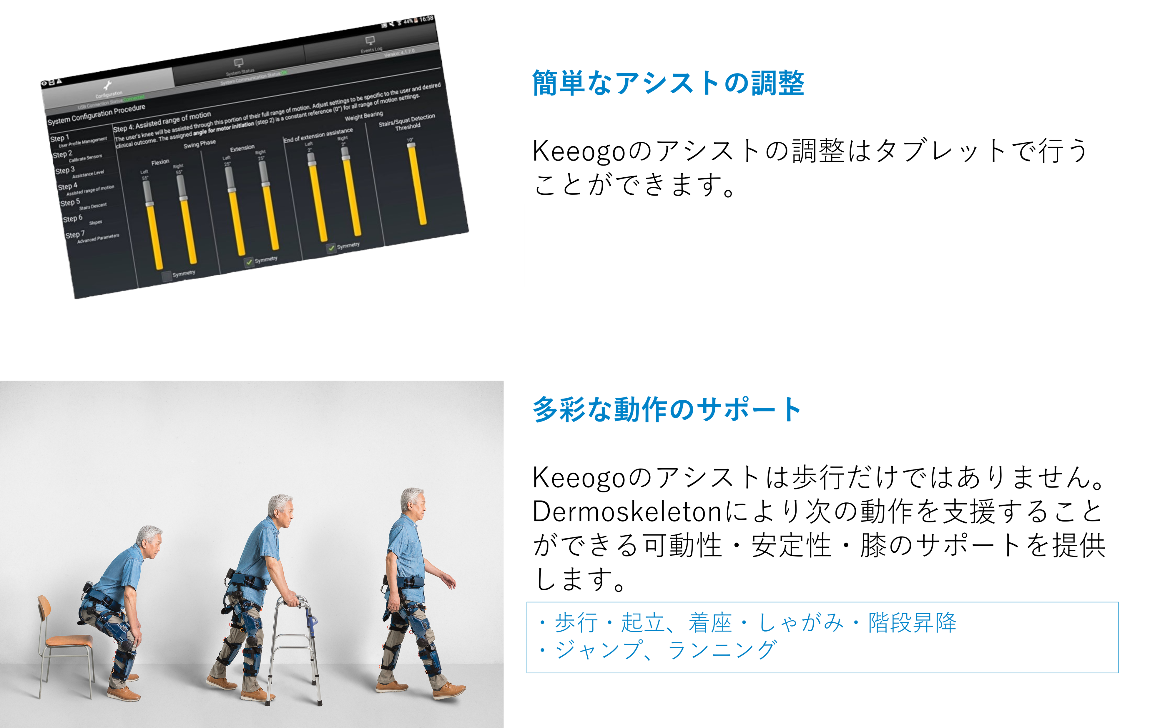 エクソスケルトン型歩行補助ロボットKeeogoアシストの調整、説明画像